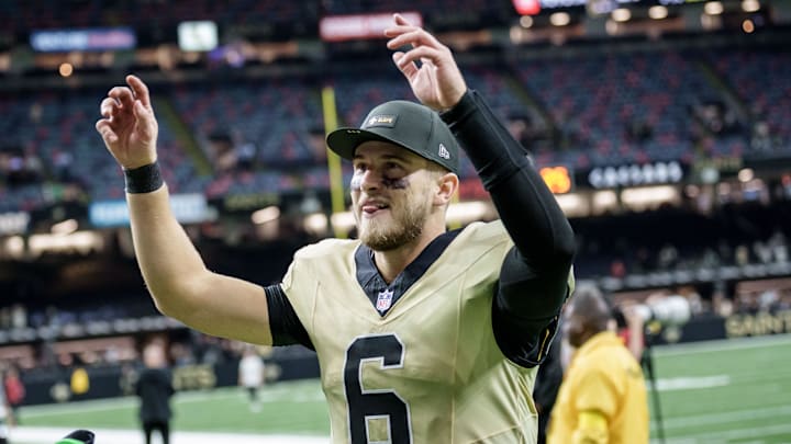 Dec 21, 2025; New Orleans, Louisiana, USA; New Orleans Saints quarterback Tyler Shough (6) smiles as he leaves the field after a game against the New York Jets at Caesars Superdome. Mandatory Credit: Matthew Hinton-Imagn Images