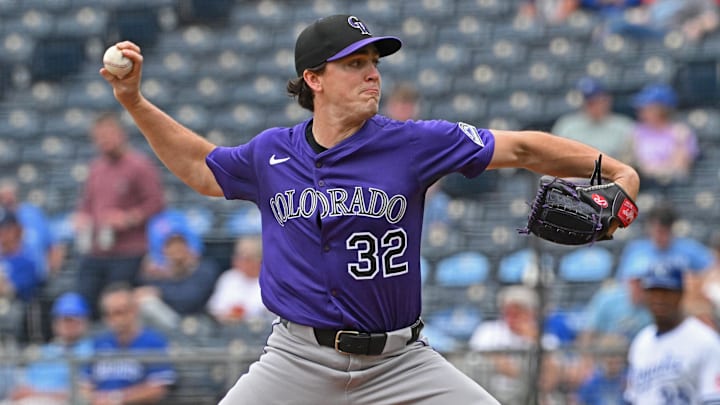 Apr 24, 2025; Kansas City, Missouri, USA;  Colorado Rockies starting pitcher Chase Dollander (32) throws a pitch in the first inning against the Kansas City Royals at Kauffman Stadium. Mandatory Credit: Peter Aiken-Imagn Images