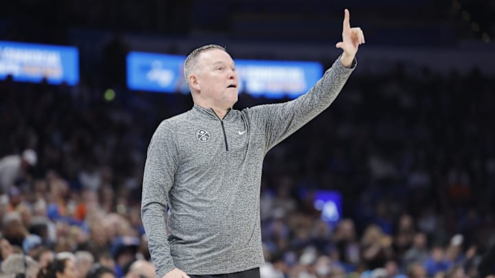 Mar 10, 2025; Oklahoma City, Oklahoma, USA; Denver Nuggets head coach Michael Malone gestures to his team during a play against the Oklahoma City Thunder during the second quarter at Paycom Center. Mandatory Credit: Alonzo Adams-Imagn Images