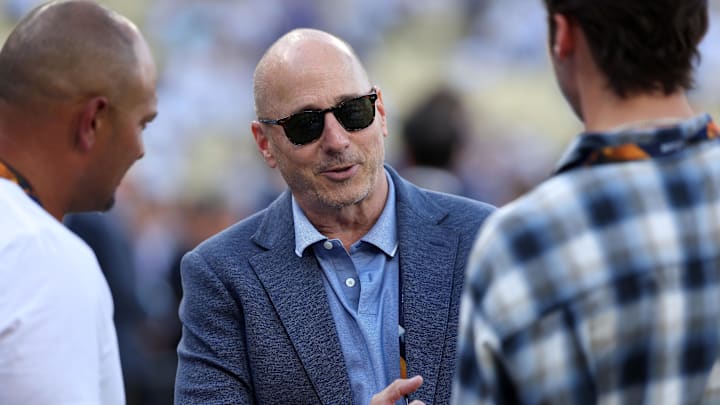 Oct 26, 2024; Los Angeles, California, USA; New York Yankees general manger Brian Cashman before game two of the 2024 MLB World Series at Dodger Stadium. Mandatory Credit: Kiyoshi Mio-Imagn Images