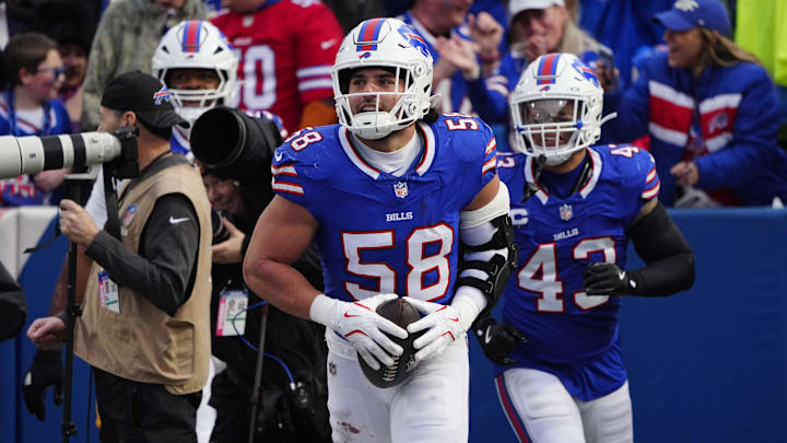 Dec 29, 2024; Orchard Park, New York, USA; Buffalo Bills linebacker Matt Milano (58) after recovering a fumble against the New York Jets