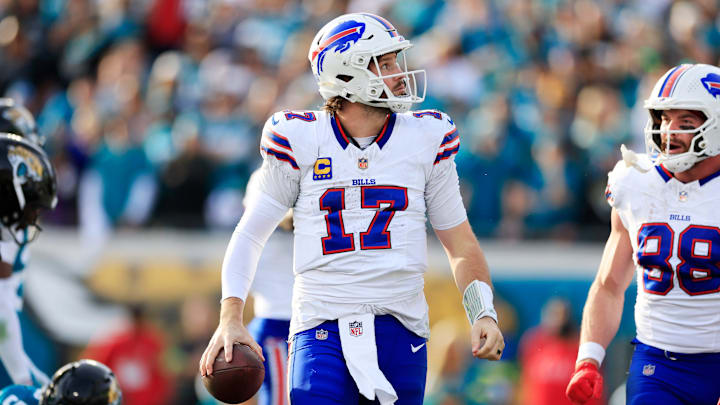 Buffalo Bills quarterback Josh Allen (17) looks on during the fourth quarter of an NFL football AFC Wild Card playoff matchup, Sunday, Jan. 11, 2026, in Jacksonville, Fla