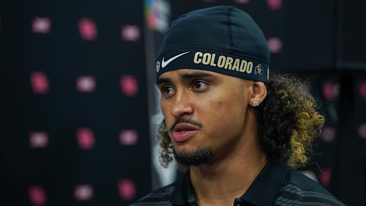 Jul 9, 2025; Frisco, TX, USA; Colorado quarterback Julian Lewis speaks with the media during 2025 Big 12 Football Media Days at The Star.