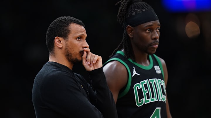 May 23, 2024; Boston, Massachusetts, USA; Boston Celtics head coach Joe Mazzulla talks with guard Jrue Holiday (4) from the sideline as they take on the Indiana Pacers during game two of the eastern conference finals for the 2024 NBA playoffs at TD Garden. Mandatory Credit: David Butler II-Imagn Images May 23, 2024; Boston, Massachusetts, USA; Boston Celtics head coach Joe Mazzulla talks with guard Jrue Holiday (4) from the sideline as they take on the Indiana Pacers during game two of the eastern conference finals for the 2024 NBA playoffs at TD Garden. Mandatory Credit: David Butler II-Imagn Images