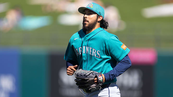 Seattle Mariners pitcher Andres Munoz against the Kansas City Royals during a spring training game at Surprise Stadium. 