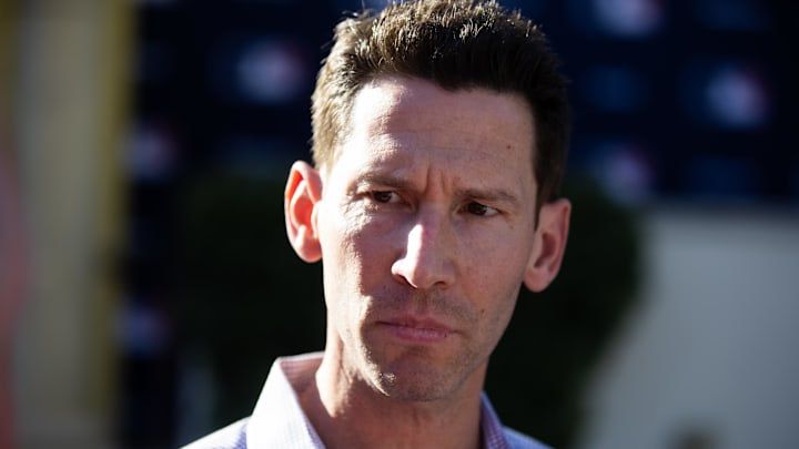 Nov 7, 2023; Scottsdale, AZ, USA; Boston Red Six chief baseball officer Craig Breslow speaks to the media during the MLB General Manager's Meetings at Omni Scottsdale Resort & Spa. Mandatory Credit: Mark J. Rebilas-Imagn Images