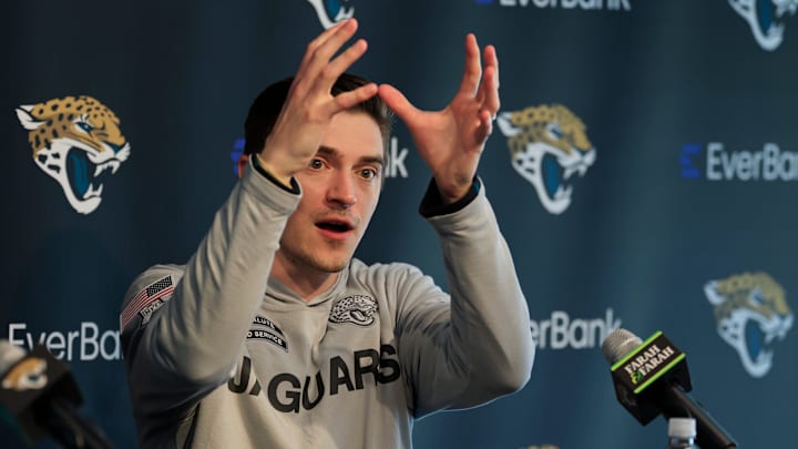 Jacksonville Jaguars general manager James Gladstone speaks during a press conference at Miller Electric Center Tuesday, April 15, 2025 in Jacksonville, Fla. [Corey Perrine/Florida Times-Union]