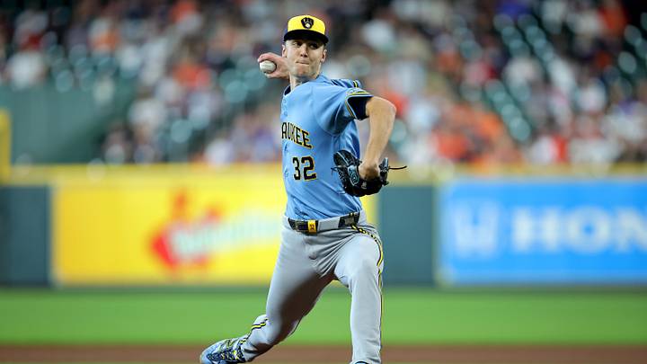 May 31, 2026; Houston, Texas, USA; Milwaukee Brewers pitcher Jacob Misiorowski (32) delivers a pitch against the Houston Astros during the first inning at Daikin Park. Mandatory Credit: Erik Williams-Imagn Images