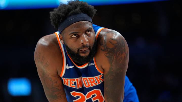Mar 3, 2026; Toronto, Ontario, CAN; New York Knicks center Mitchell Robinson (23) during a break in the action against the Toronto Raptors during the second half at Scotiabank Arena. Mandatory Credit: John E. Sokolowski-Imagn Images