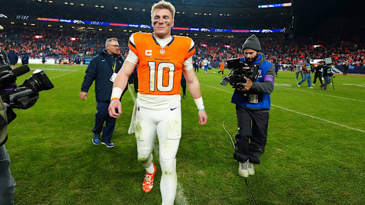 Jan 17, 2026; Denver, CO, USA; Denver Broncos quarterback Bo Nix (10) reacts after winning an AFC Divisional Round playoff game against the Buffalo Bills at Empower Field at Mile High. Mandatory Credit: Ron Chenoy-Imagn Images Jan 17, 2026; Denver, CO, USA; Denver Broncos quarterback Bo Nix (10) reacts after winning an AFC Divisional Round playoff game against the Buffalo Bills at Empower Field at Mile High. Mandatory Credit: Ron Chenoy-Imagn Images