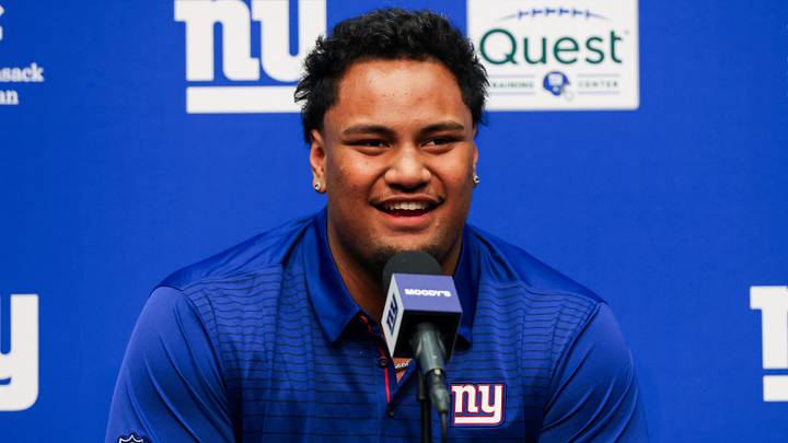 Apr 24, 2026; East Rutherford, NJ, USA; New York Giants draft pick Francis Mauigoa addresses the media during the introductory press conference at Quest Diagnostics Training Center. Mandatory Credit: Tom Horak-Imagn Images