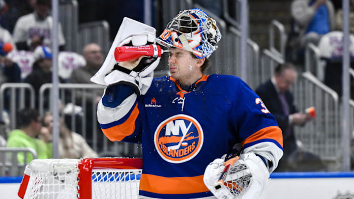 Apr 15, 2025; Elmont, New York, USA; New York Islanders goaltender Ilya Sorokin (30) takes a water break before the first period against the Washington Capitals at UBS Arena. Mandatory Credit: John Jones-Imagn Images Apr 15, 2025; Elmont, New York, USA; New York Islanders goaltender Ilya Sorokin (30) takes a water break before the first period against the Washington Capitals at UBS Arena. Mandatory Credit: John Jones-Imagn Images