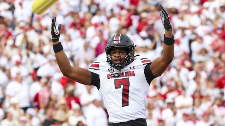 Oct 19, 2024; Norman, Oklahoma, USA;  South Carolina Gamecocks defensive back Nick Emmanwori (7) reacts after returning an interception for a touchdown during the first half against the Oklahoma Sooners at Gaylord Family-Oklahoma Memorial Stadium. Mandatory Credit: Kevin Jairaj-Imagn Images