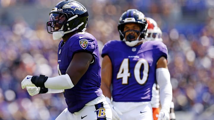 Sep 14, 2025; Baltimore, Maryland, USA; Baltimore Ravens linebacker Roquan Smith (0) celebrates after a play during the first half against the Cleveland Browns at M&T Bank Stadium. Sep 14, 2025; Baltimore, Maryland, USA; Baltimore Ravens linebacker Roquan Smith (0) celebrates after a play during the first half against the Cleveland Browns at M&T Bank Stadium.