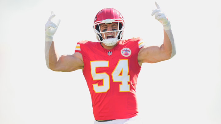 Kansas City Chiefs linebacker Leo Chenal (54) takes the field before the game against the Baltimore Ravens at GEHA Field at Arrowhead Stadium.