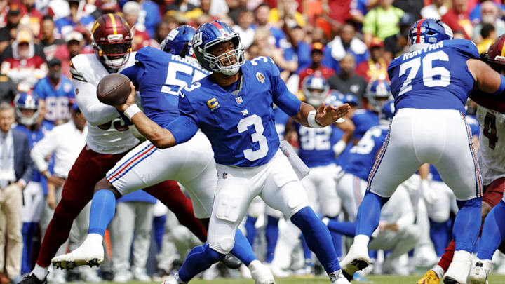 Sep 7, 2025; Landover, Maryland, USA; New York Giants quarterback Russell Wilson (3) makes a pass during the second quarter against the Washington Commanders at Northwest Stadium.  