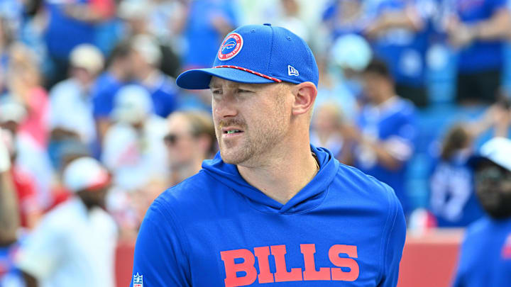 Aug 9, 2025; Orchard Park, New York, USA; Buffalo Bills offensive coordinator Joe Brady on the field before a game against the New York Giants at Highmark Stadium