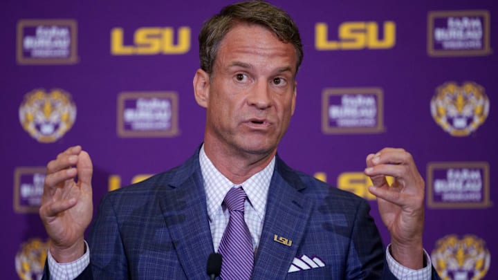 Dec 1, 2025; Baton Rouge, LA, USA; LSU new head coach Lane Kiffin speaks at South Stadium Club at Tiger Stadium.