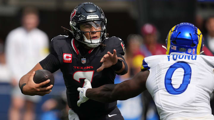 Sep 7, 2025; Inglewood, California, USA; Houston Texans quarterback C.J. Stroud (7) during the game against the Los Angeles Rams at SoFi Stadium. Mandatory Credit: Kirby Lee-Imagn Images