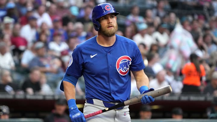 Mar 29, 2025; Phoenix, Arizona, USA; Chicago Cubs third base Gage Workman (25) hits against the Arizona Diamondbacks in the second inning at Chase Field. Mandatory Credit: Rick Scuteri-Imagn Images
