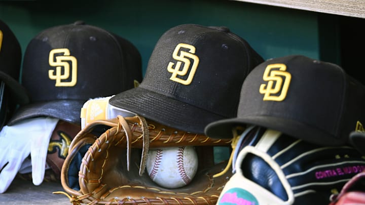 May 24, 2023; Washington, District of Columbia, USA; San Diego Padres hats in the dugout during the game against the Washington Nationals at Nationals Park. Mandatory Credit: Brad Mills-Imagn Images May 24, 2023; Washington, District of Columbia, USA; San Diego Padres hats in the dugout during the game against the Washington Nationals at Nationals Park. Mandatory Credit: Brad Mills-Imagn Images