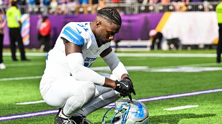 Oct 20, 2024; Minneapolis, Minnesota, USA; Detroit Lions safety Kerby Joseph (31) reacts after the game against the Minnesota Vikings at U.S. Bank Stadium. Mandatory Credit: Jeffrey Becker-Imagn Images