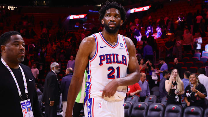 Nov 18, 2024; Miami, Florida, USA; Philadelphia 76ers center Joel Embiid (21) looks on after the game against the Miami Heat at Kaseya Center. Mandatory Credit: Sam Navarro-Imagn Images Nov 18, 2024; Miami, Florida, USA; Philadelphia 76ers center Joel Embiid (21) looks on after the game against the Miami Heat at Kaseya Center. Mandatory Credit: Sam Navarro-Imagn Images
