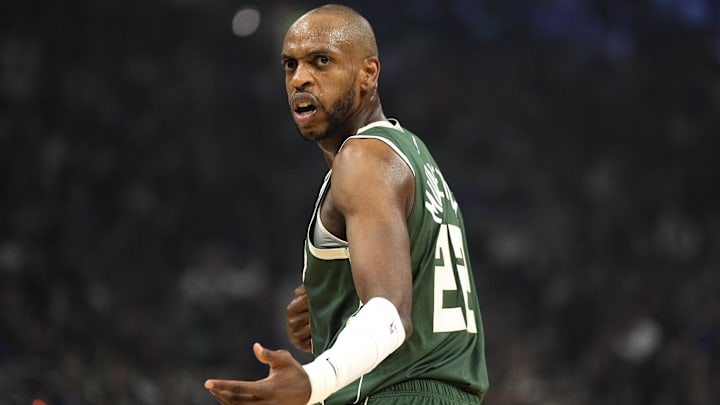 Milwaukee Bucks forward Khris Middleton (22) reacts to a call during the 2024 NBA playoffs at Fiserv Forum.