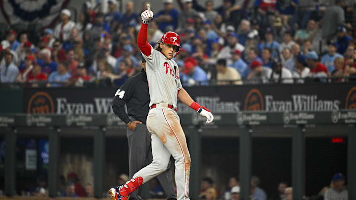 Mar 30, 2023; Arlington, Texas, USA; Philadelphia Phillies third baseman Alec Bohm (28) celebrates