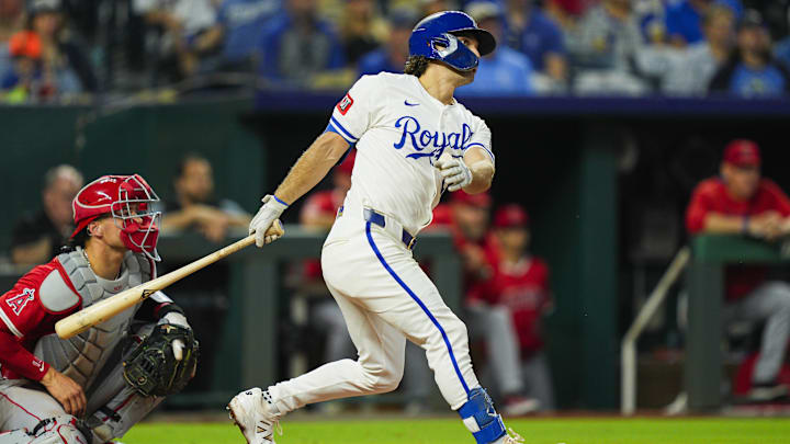 Sep 3, 2025; Kansas City, Missouri, USA; Kansas City Royals second baseman Adam Frazier (26) bats during the fourth inning against the Los Angeles Angels at Kauffman Stadium. Mandatory Credit: Jay Biggerstaff-Imagn Images