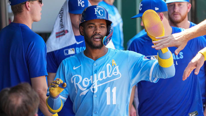 Sep 7, 2025; Kansas City, Missouri, USA; Kansas City Royals shortstop Maikel Garcia (11) celebrates in the dugout after scoring against the Minnesota Twins in the sixth inning at Kauffman Stadium. Mandatory Credit: Denny Medley-Imagn Images Sep 7, 2025; Kansas City, Missouri, USA; Kansas City Royals shortstop Maikel Garcia (11) celebrates in the dugout after scoring against the Minnesota Twins in the sixth inning at Kauffman Stadium. Mandatory Credit: Denny Medley-Imagn Images
