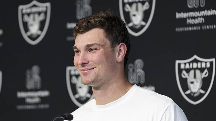 Las Vegas Raiders quarterback Fernando Mendoza speaks during a news conference.