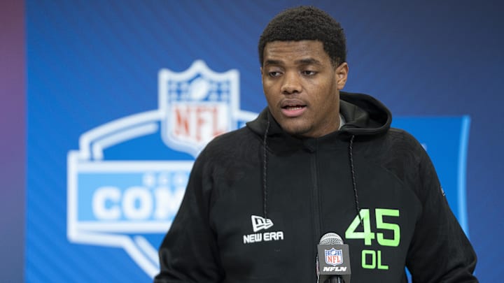 Alabama A&M offensive lineman Carson Vinson (OL45) answers questions at a press conference during the 2025 NFL Combine at Indiana Convention Center.