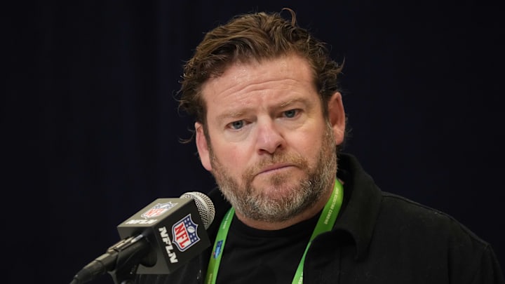Feb 25, 2025; Indianapolis, IN, USA; Seattle Seahawks general manager John Schneider speaks during the NFL Scouting Combine at the Indiana Convention Center.