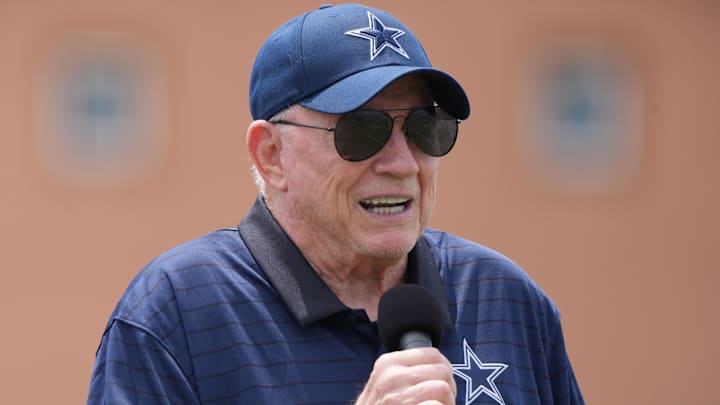 Dallas Cowboys owner Jerry Jones speaks at training camp opening ceremonies at the River Ridge Fields.