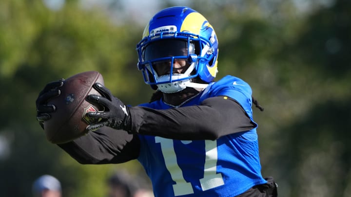 Jul 23, 2025; Los Angeles, CA, USA; Los Angeles Rams receiver Davante Adams (17) catches the ball during training camp at Loyola Marymount University. Mandatory Credit: Kirby Lee-Imagn Images