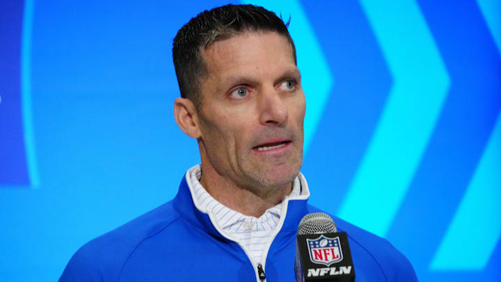 Feb 28, 2024; Indianapolis, IN, USA; Houston Texans general manager Nick Caserio speaks at a press conference at the NFL Scouting Combine at Indiana Convention Center. Mandatory Credit: Kirby Lee-Imagn Images