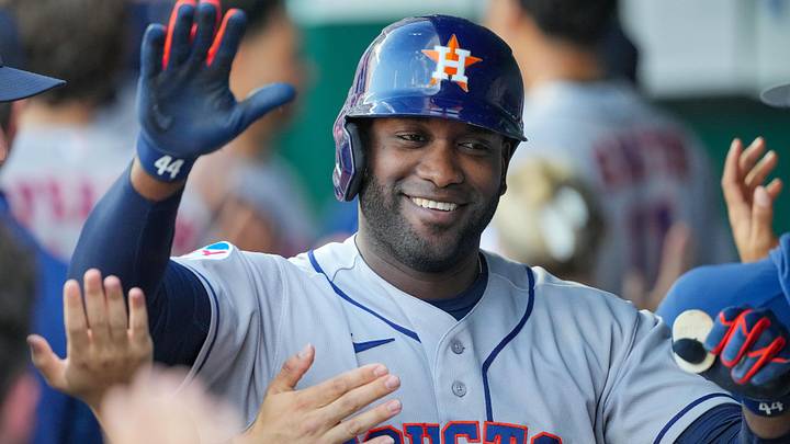 Jun 12, 2026; Kansas City, Missouri, USA; Houston Astros designated hitter Yordan Alvarez (44) celebrates in the dugout after hitting a grand slam against the Kansas City Royals during the first inning at Kauffman Stadium Jun 12, 2026; Kansas City, Missouri, USA; Houston Astros designated hitter Yordan Alvarez (44) celebrates in the dugout after hitting a grand slam against the Kansas City Royals during the first inning at Kauffman Stadium