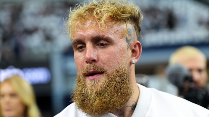 Sep 15, 2024; Arlington, Texas, USA;  Boxer and influencer Jake Paul before the game between the Dallas Cowboys and New Orleans Saints at AT&T Stadium. Mandatory Credit: Kevin Jairaj-Imagn Images
