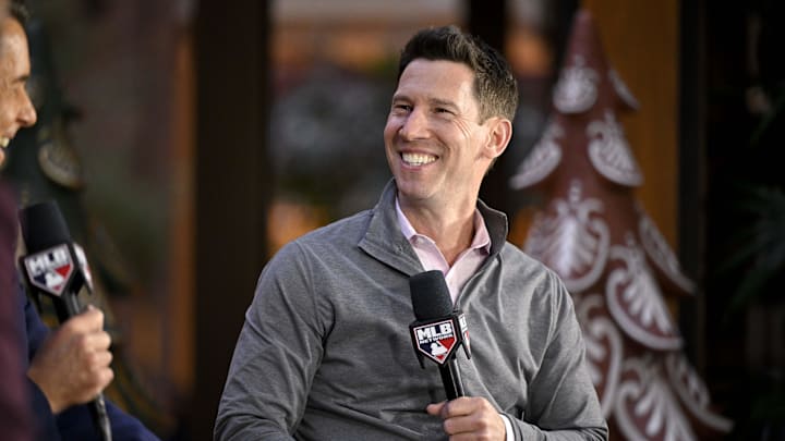 Dec 9, 2024; Dallas, TX, USA; Boston Red Sox chief baseball officer Craig Breslow speaks with the media 
at the Hilton Anatole during the 2024 MLB Winter Meetings. Mandatory Credit: Jerome Miron-Imagn Images