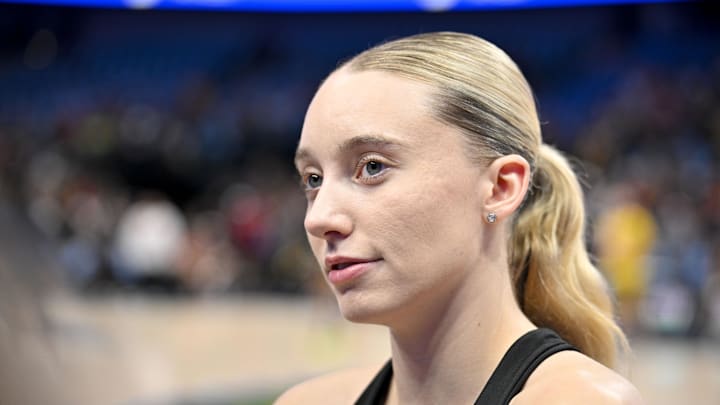 Aug 1, 2025; Dallas, Texas, USA;  Dallas Wings guard Paige Bueckers (5) speaks to the media before the game against the Indiana Fever at the American Airlines Center. Mandatory Credit: Jerome Miron-Imagn Images