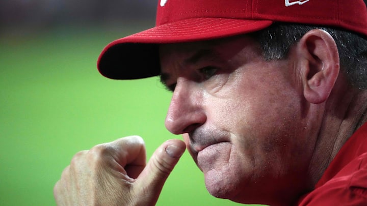 Aug 8, 2024; Phoenix, Arizona, USA; Philadelphia Phillies manager Rob Thomson (59) looks on against the Arizona Diamondbacks during the first inning at Chase Field. Mandatory Credit: Joe Camporeale-Imagn Images