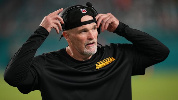 Aug 17, 2024; Miami Gardens, Florida, USA;  Washington Commanders head coach Dan Quinn along the sideline during the third quarter against the Miami Dolphins at Hard Rock Stadium. Mandatory Credit: Jim Rassol-Imagn Images