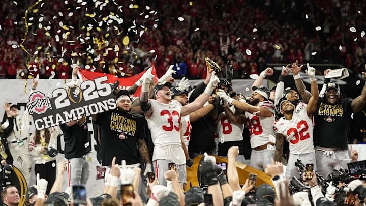 Ohio State Buckeyes celebrate their 34-23 win over Notre Dame Fighting Irish to win the College Football Playoff National Championship at Mercedes-Benz Stadium in Atlanta on January 20, 2025.