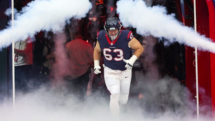 Dec 3, 2023; Houston, Texas, USA; Houston Texans center Michael Deiter (63) is introduced before playing against the Denver Broncos at NRG Stadium. Mandatory Credit: Thomas Shea-Imagn Images Dec 3, 2023; Houston, Texas, USA; Houston Texans center Michael Deiter (63) is introduced before playing against the Denver Broncos at NRG Stadium. Mandatory Credit: Thomas Shea-Imagn Images