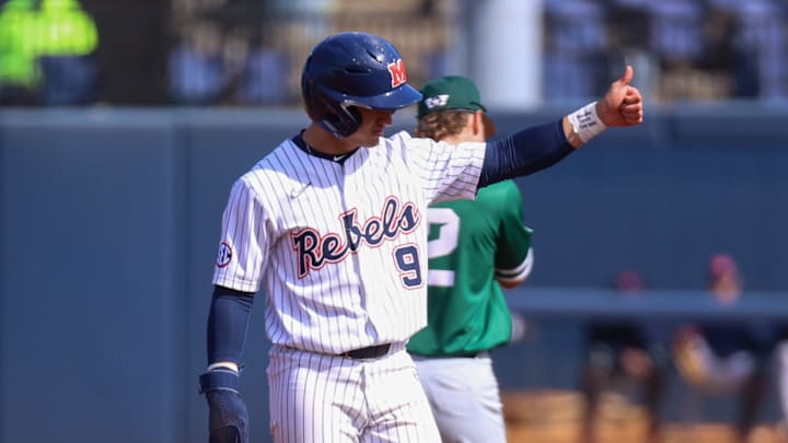 Ole Miss infielder Hayden Federico stands on base during the Rebels' 7-3 win over Wright State on March 2, 2025.