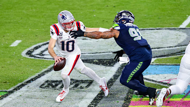 Patriots quarterback Drake Maye was sacked six times and threw two interceptions in the loss to the Seahawks in Super Bowl LX.