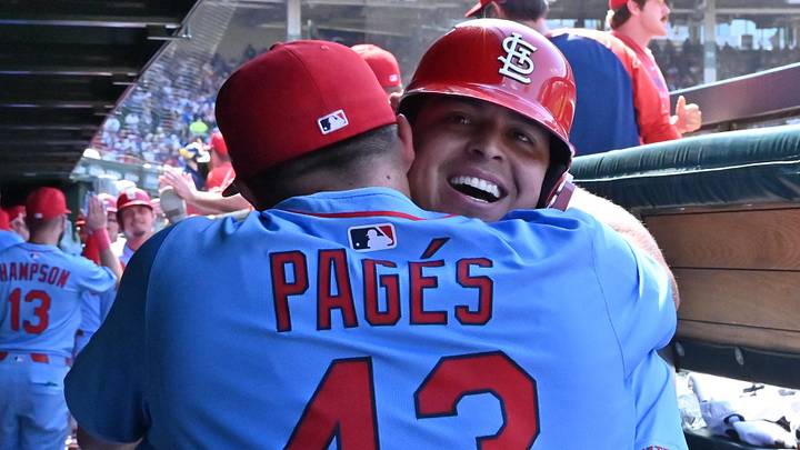 Jul 5, 2025; Chicago, Illinois, USA; St. Louis Cardinals pinch hitter Yohel Pozo (63) celebrates with and hugs catcher Pedro Pages (43) in the dugout after hitting a three-run home run during the eighth inning against the Chicago Cubs at Wrigley Field. Mandatory Credit: Patrick Gorski-Imagn Images Jul 5, 2025; Chicago, Illinois, USA; St. Louis Cardinals pinch hitter Yohel Pozo (63) celebrates with and hugs catcher Pedro Pages (43) in the dugout after hitting a three-run home run during the eighth inning against the Chicago Cubs at Wrigley Field. Mandatory Credit: Patrick Gorski-Imagn Images