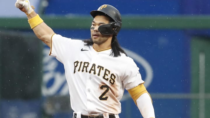 Aug 23, 2023; Pittsburgh, Pennsylvania, USA;  Pittsburgh Pirates right fielder Connor Joe (2) reacts