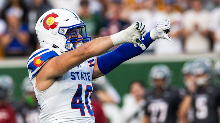 Colorado State's Owen Long reacts to a play against Washington State at Canvas Stadium in Fort Collins, Colo., on Sept. 27, 2025. Colorado State's Owen Long reacts to a play against Washington State at Canvas Stadium in Fort Collins, Colo., on Sept. 27, 2025.